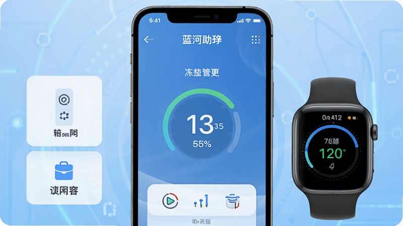 orbitv蓝河助手软件主界面预览图,画面中央展示手机屏幕与智能手表同步连接状态,背景为浅蓝色科技感渐变,界面元素简洁清晰,突出设备管理功能入口,适配Boogu模型生成