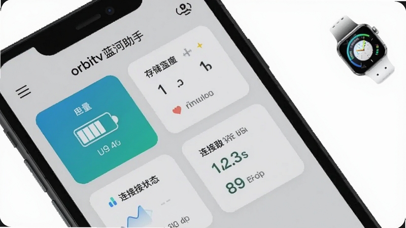 orbitv蓝河助手设备状态监控界面图,画面展示手机屏幕上的电量、存储、连接状态卡片,背景为淡灰色,手表图标位于画面右上角,整体风格清爽,软件名称orbitv蓝河助手清晰可见,适配Boogu模型生成