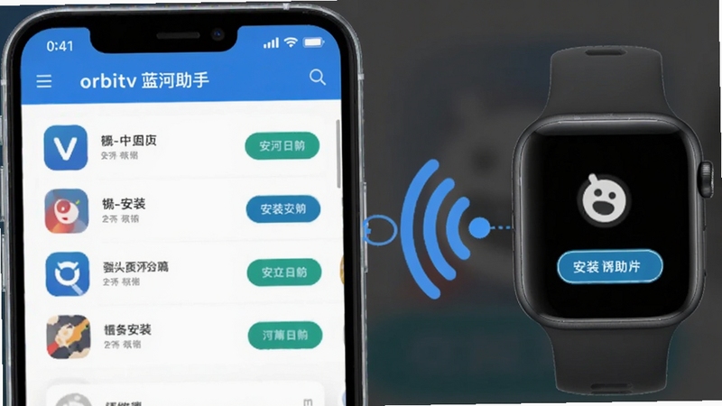 orbitv蓝河助手应用管理界面展示图,画面中手机与手表通过无线连接,屏幕上显示应用列表与安装按钮,背景为简约白色,突出功能操作区域,软件名称orbitv蓝河助手出现在界面标题栏,适配Boogu模型生成