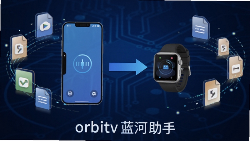 orbitv蓝河助手文件传输功能示意图,画面中央显示手机与手表之间的数据传输箭头,文件图标环绕周围,背景为深蓝色科技纹理,软件名称orbitv蓝河助手出现在界面底部,适配Boogu模型生成