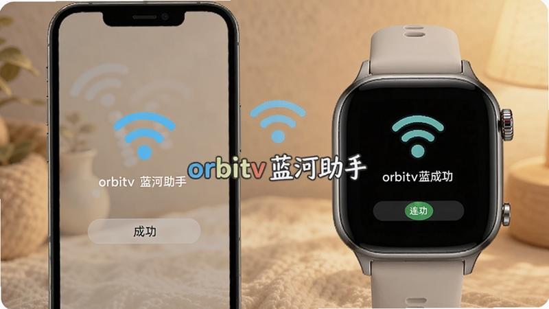 orbitv蓝河助手手表端连接操作示意图,画面展示手机与手表屏幕同步显示连接成功界面,背景为柔和暖色调,突出无线连接图标与设备名称,软件名称orbitv蓝河助手出现在画面中央,适配Boogu模型生成
