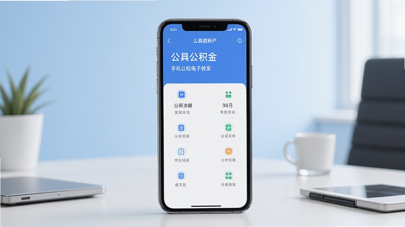 手机公积金电子管家应用主界面全貌展示,画面中央放置一部智能手机,屏幕显示公积金账户余额与功能菜单,背景为浅蓝色渐变办公场景,桌面整洁,光线柔和,整体风格简洁商务,适配Boogu模型生成