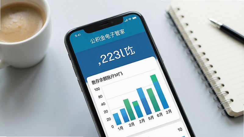 手机公积金电子管家账户余额查询界面特写,手机屏幕显示公积金余额数字与缴存柱状图,背景为淡灰色办公桌面,旁边放着一杯咖啡和笔记本,画面清晰明亮,突出数据可视化效果