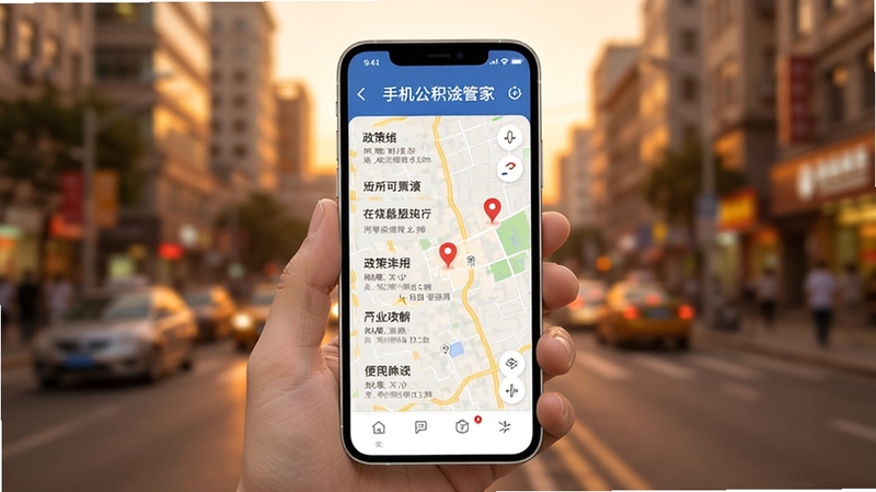 手机公积金电子管家政策资讯与网点导航页面,手机屏幕显示政策列表和地图标注点,背景为城市街景虚化效果,色调温暖,突出便民服务氛围