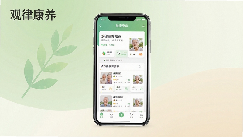 观律康养软件主界面全貌展示,画面中央位置呈现手机屏幕,屏幕内显示康养服务应用的首页布局,包含健康资讯卡片、康养机构推荐列表和底部导航栏,背景区域为柔和的浅绿色与米白色渐变,整体风格清新自然,适合中老年用户视觉习惯,画面左上角有观律康养文字标识,画面整体采用扁平化设计风格,光线明亮柔和,分辨率高清