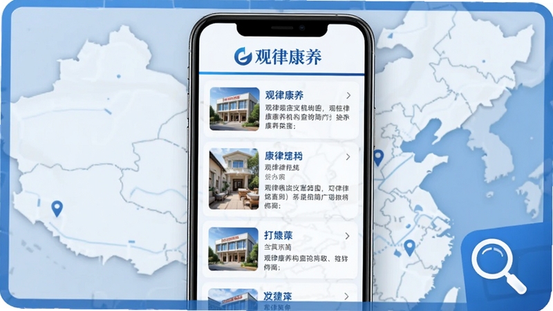 观律康养机构查询功能生图,画面中央为手机屏幕展示康养机构列表,每条信息包含机构缩略图、名称和简介,背景区域为地图底纹样式,画面右下角有一个放大镜图标,整体色调以蓝色和白色为主,观律康养文字标识位于屏幕顶部,设计风格简洁商务,分辨率清晰