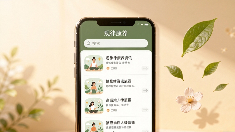观律康养资讯页面AI生图,画面中心展示手机屏幕显示康养资讯列表,每条资讯配有简洁的插图,屏幕上方有搜索栏,背景区域为淡雅的暖色调,画面右侧漂浮着几片绿叶和一朵小花作为装饰元素,整体氛围温馨健康,观律康养文字标识位于屏幕顶部,采用写实风格,光影柔和