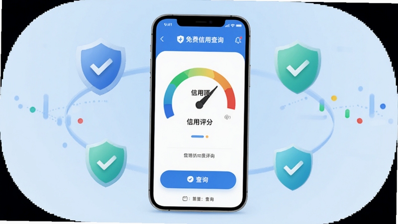 一款名为免费信用查询的手机应用界面展示,画面中央为手机屏幕,屏幕内显示信用评分仪表盘与查询按钮,背景为浅蓝色渐变,周围环绕盾牌、对勾等安全符号,风格简洁现代,适配Boogu模型生成