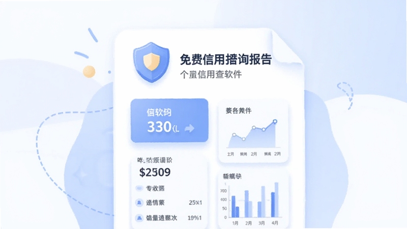 免费信用查询软件中个人信用报告页面截图风格插画,画面主体为一份带有盾牌标志的信用报告文档,背景为柔和的蓝白配色,文档上显示评分与图表,整体风格专业可信,适配Boogu模型生成