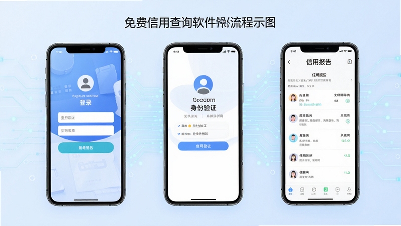 免费信用查询软件操作流程示意图,画面展示手机屏幕从左到右依次为登录页面、身份验证页面、信用报告展示页面,背景为淡蓝色科技感线条,风格简洁清晰,适配Boogu模型生成