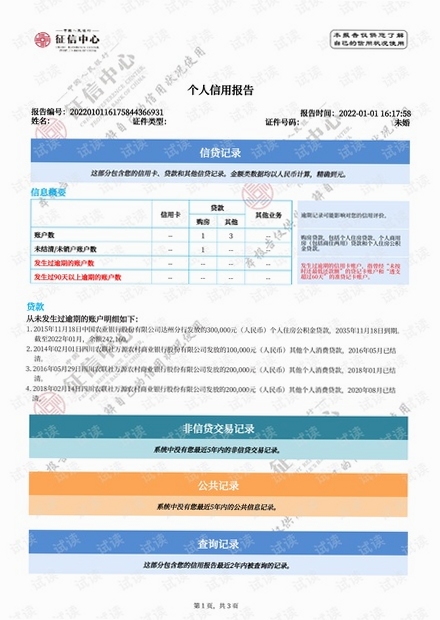 免费信用查询征信报告样本