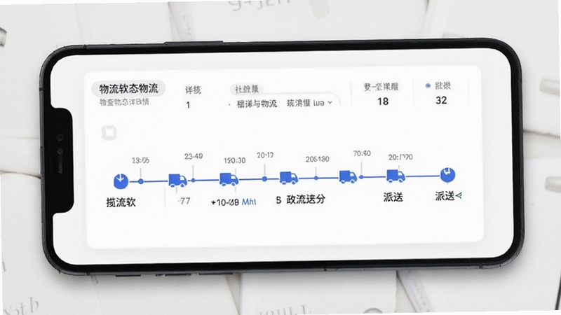 网上查物流快递软件物流轨迹详情页面,手机屏幕展示从揽收到派送的完整时间轴,背景为白色卡片式设计,配以蓝色节点图标,画面干净直观