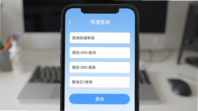网上查物流快递软件主界面批量查询功能展示,手机屏幕中央显示多个快递单号输入框与查询按钮,背景为浅蓝色渐变,画面简洁清爽,突出快递查询工具属性