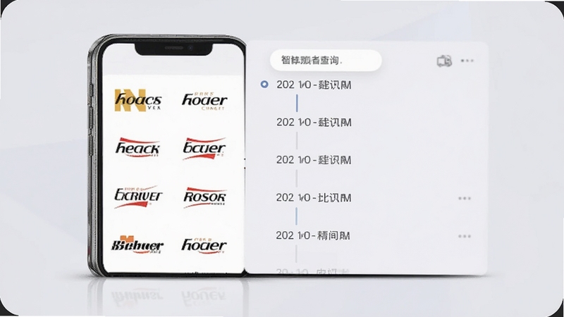 网上查物流快递软件历史记录与智能识别功能展示,手机界面左侧显示快递公司图标列表,右侧显示查询历史时间线,背景为柔和浅灰色,整体风格简约商务