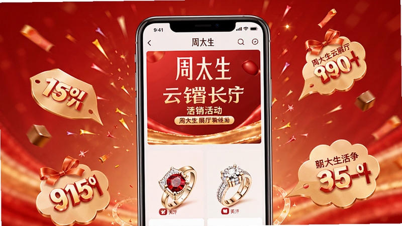 �ܴ�����չ��Ӫ���ҳ�棬�������ֻ���Ļ��ʾ�����������Ʒ�鱦����Χ���������ۿ۱�ǩ������Ϊϲ��ĺ�ɫ���䣬ͻ���ܴ�����չ���Ļ��Χ