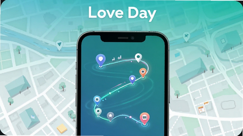 LoveDay �Զ��켣��¼����չʾͼ����������Ϊһ���ֻ���Ļ����Ļ����ʾһ�����ѵĲ�ɫ�켣�����Ӷ���ص�ͼ�꣬�����Ǽ򻯵ĳ��нֵ���ͼ����Ļ�Ϸ��� LoveDay ������ɫ��������ɫΪ��������������¼��Ƽ���