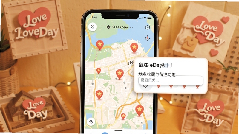 LoveDay �ص��ղ��뱸ע����ʾ��ͼ����������Ϊ�ֻ���Ļ����Ļ����ʾ��ͼ�ϴ������α�ǵĶ���ص㣬�Աߵ�����ע����򣬱���Ϊůɫ������Χ�� LoveDay Ʒ��Ԫ�أ����ָ��Ի��ص������ɫ