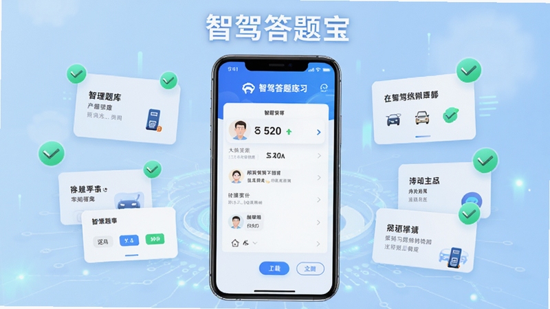 智驾答题宝软件主界面全貌,画面中央展示手机屏幕中的答题练习界面,顶部为软件名称智驾答题宝,背景为浅蓝色渐变科技风格,周围环绕题库卡片与对勾图标,整体明亮简洁,适合软件下载站展示