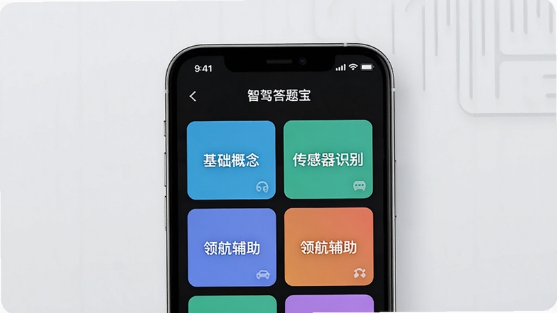 智驾答题宝题库分类界面,画面中央手机屏幕展示多个彩色题库卡片,卡片上标有基础概念、传感器识别、领航辅助等字样,背景为浅灰色简约风格,突出分类练习功能