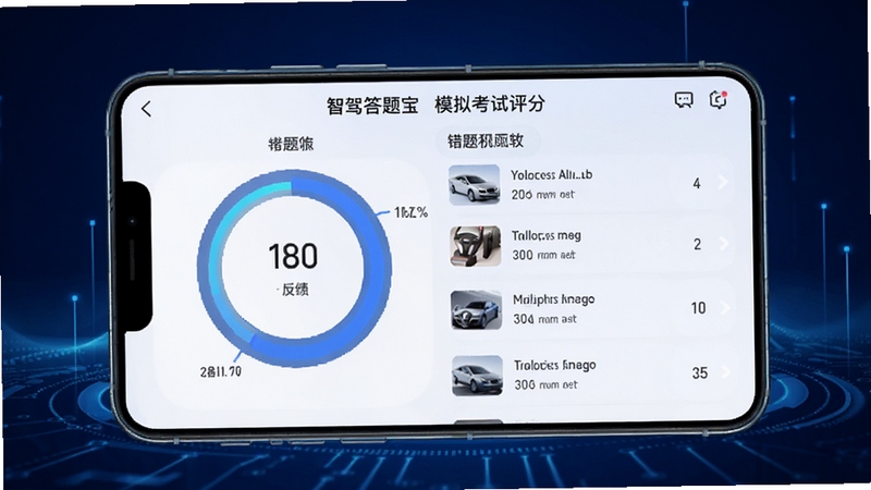 智驾答题宝模拟考试评分界面,画面中央手机屏幕显示得分圆形图表与错题列表,背景为深蓝色科技感渐变,突出考试成绩与反馈信息
