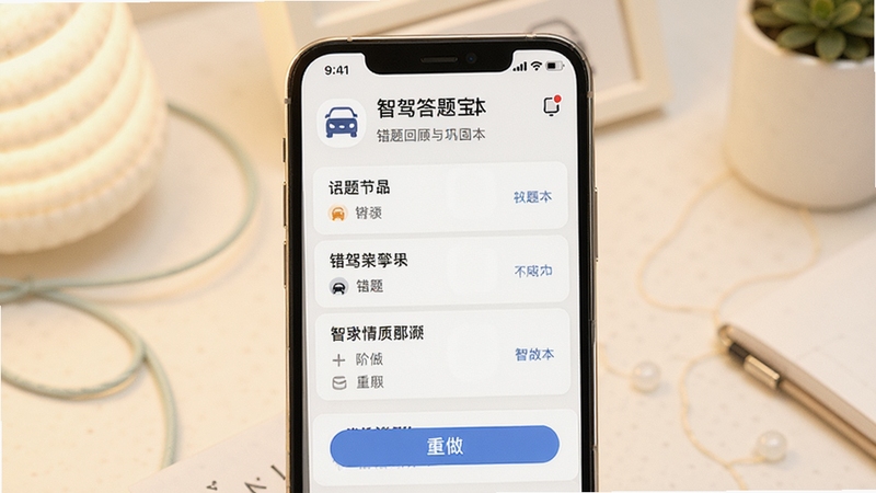 智驾答题宝错题本界面,画面中央手机屏幕展示错题列表与重做按钮,背景为暖白色柔和风格,突出错题回顾与巩固功能