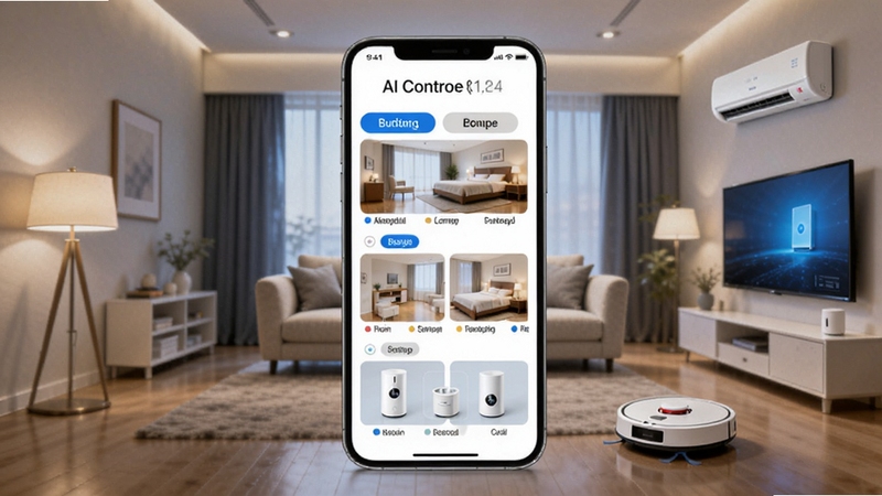 AI����ܼ� ��ͥ�豸�������棬����չʾ�ֻ����ƶ�̨���ܼҵ��ģ�ⳡ������Ļ�ڳ��ֿ��������ҵȷ����ǩ������Ϊ�ִ���Լ�������еƹ⡢�յ���ɨ�ػ����˵�Ԫ�ػ��ƣ��Ƽ�����ů����ɫ
