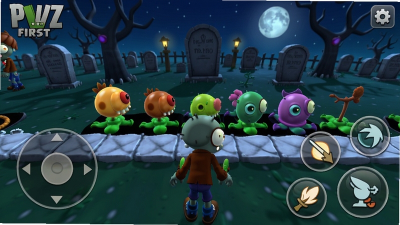 PVZ FirstPerson �ƶ��˲������棬��Ļ���½�Ϊ����ҡ�ˣ����½�Ϊ�����뼼�ܰ�ť�����������ǽ�ʬ��ɫ���ڽӽ�ֲ����ߣ�����Ϊҹ��Ĺ�س��������Ϊ3D��ͨ��Ⱦ