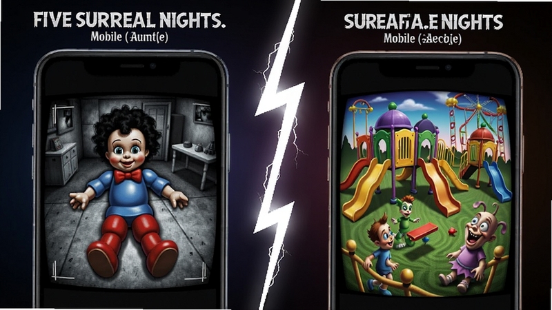 Five Surreal Nights Mobile ��ͬ����Ϸ�Ա�ʾ��ͼ���������������ҷ������ֻ���Ļ�������ʾ������ż��ػ��棬�Ҳ���ʾ����ʵŤ�����ֳ���ػ��棬���������ǰ�ɫ���䣬�м�������ָ��ߣ����Ա�����