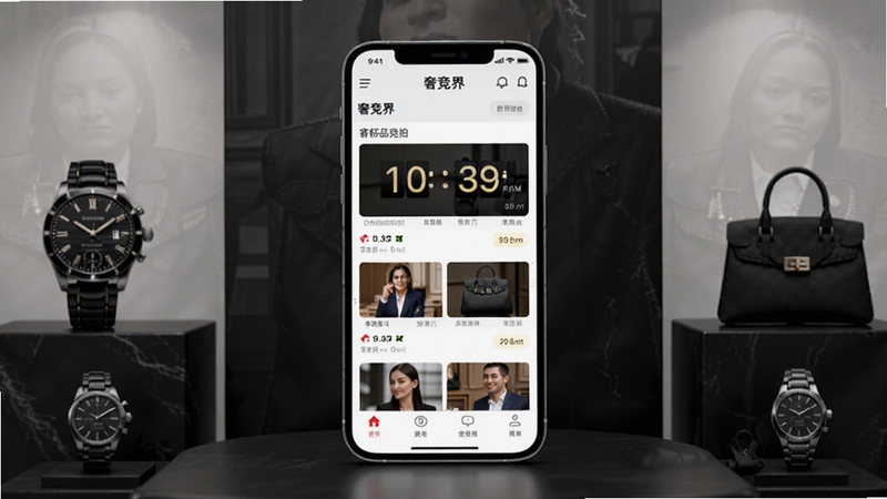 奢竞界应用主界面全貌展示,画面中央为手机屏幕中的奢竞界APP首页,展示奢侈品竞拍列表与倒计时模块,背景为深色质感展台区域,四周点缀名表与手袋剪影元素,整体风格高端简约,适配Boogu模型生成