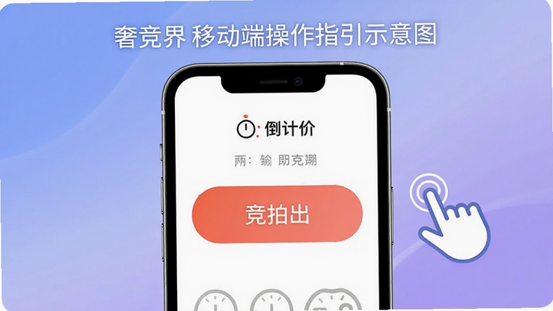 奢竞界移动端操作指引示意图,画面展示手机屏幕中竞拍出价按钮与倒计时特写,旁边配有手势点击图标,背景为柔和的蓝紫渐变,整体风格清晰易懂,适配Boogu模型生成