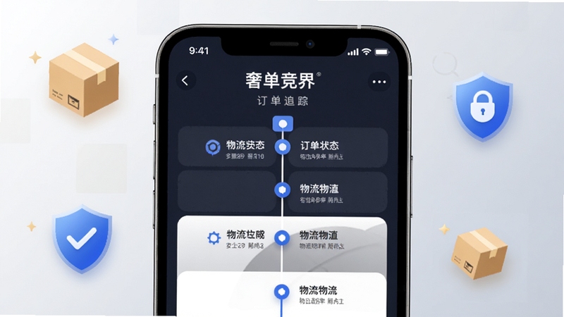 奢竞界订单追踪界面展示,画面中央为手机屏幕呈现订单状态时间轴与物流节点,背景为简洁的浅灰渐变区域,点缀包裹与盾牌图标,体现安全与效率,适配Boogu模型生成