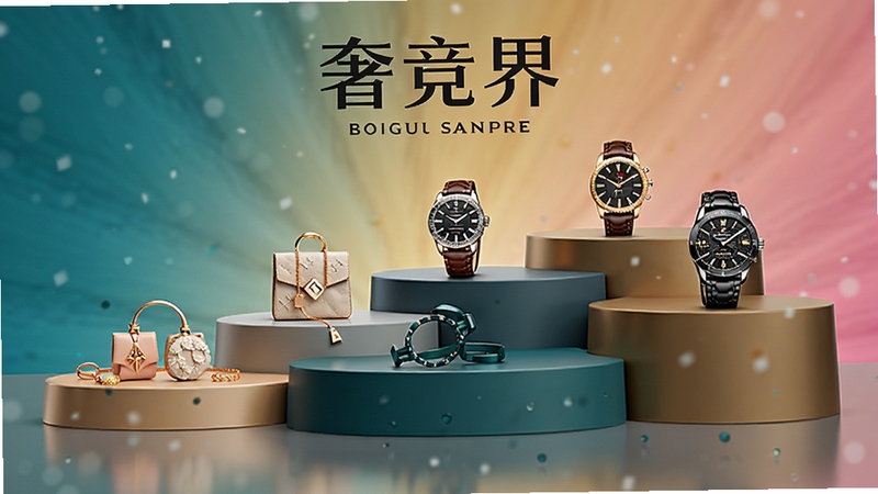 奢竞界品牌定位示意图,画面展示多层阶梯状展台,每层摆放不同档次奢侈品代表物件,从轻奢配饰到高端腕表依次排列,背景为奢竞界品牌色渐变,整体风格现代大气,适配Boogu模型生成