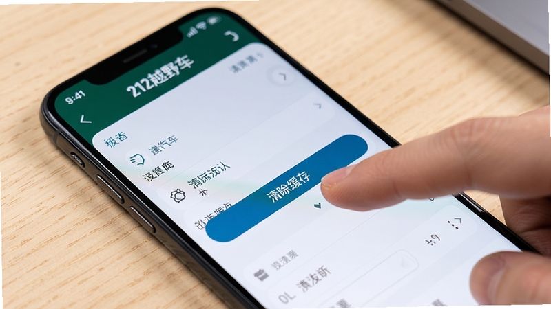 手机屏幕特写,显示212越野车APP的设置界面,手指正在点击“清除缓存”按钮,背景为浅色桌面,画面干净整洁,风格为数码产品评测摄影。