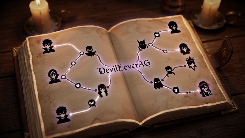 Booguģ�����ɣ�����Ϊһ��չ����ħ���飬��ҳ�ϸ��� DevilLoverAG �������֧·��ͼ��·���÷����������Ӳ�ͬ�ڵ㣬�ڵ�����С�ͽ�ɫͷ���Ӱ������Ϊ��ɫľ����������⣬���������ظ��ţ���ҳ��Ե�е������Σ��������Ĺ�ͼ����������Ϊ��ɫ����