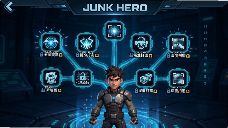 Junk Hero�����������棬����չʾ����վ�ڼ�����ǰ�������ж���ɽ�����ͼ�꣬����ȫ���𵴡���׼��������ɨ��ȣ������ǿƼ���ʮ�����ɫ��Ч��ͻ���ɳ������Ԫ��