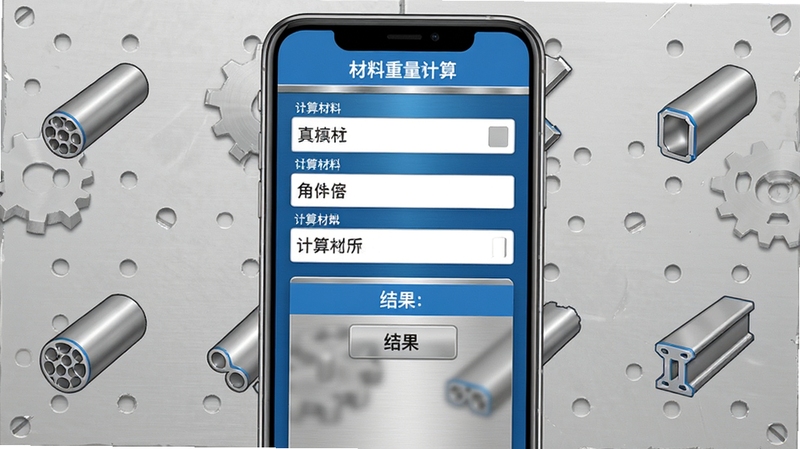 材料重量计算器 软件主界面展示 手机屏幕中央显示金属材料重量计算输入框与结果区域 背景为浅灰色工业风格 包含圆钢 钢管 角钢等型材图标 整体色调以蓝色和银色为主 突出工具类应用的简洁与专业感