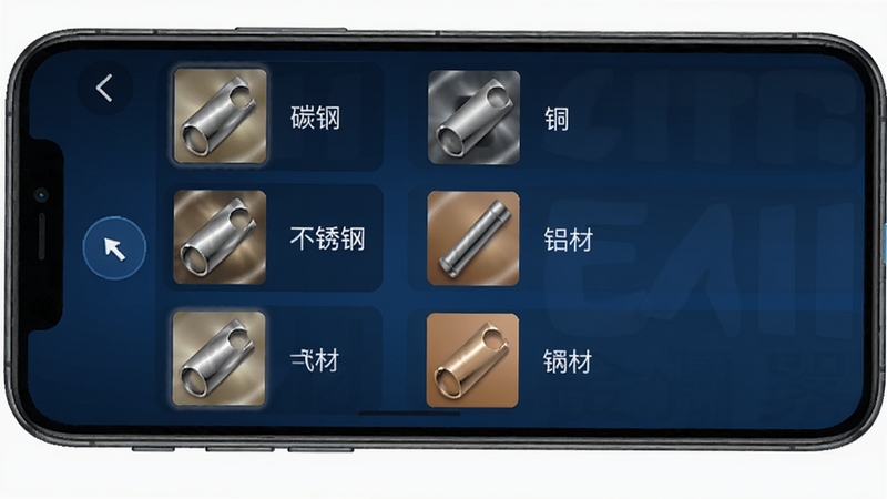 材料重量计算器 材料选择界面 手机屏幕显示金属材料列表 包含碳钢 不锈钢 铝材 铜材等选项 每个选项配有金属光泽图标 背景为深蓝色渐变 突出材料选择功能