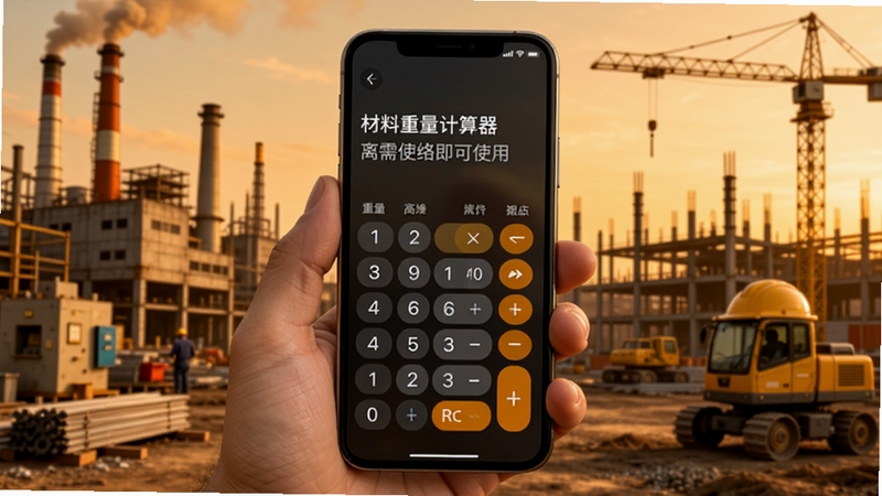 材料重量计算器 离线使用场景 手机屏幕显示计算器界面 周围有工厂 工地元素 突出无需网络即可使用 背景为工业场景 色调偏暖 体现便捷性与实用性