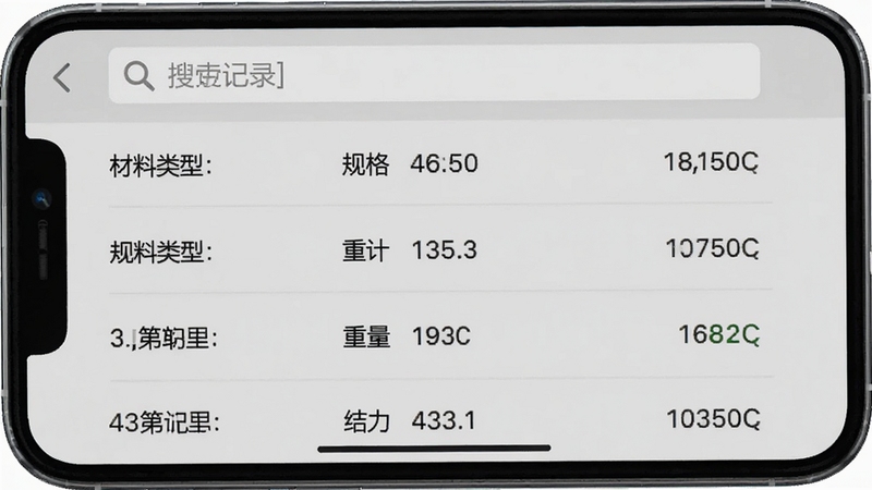材料重量计算器 历史记录页面 手机屏幕显示按时间排列的计算记录列表 每条记录包含材料类型 规格参数与重量结果 顶部有搜索框 背景为浅灰色 整体布局清晰易读