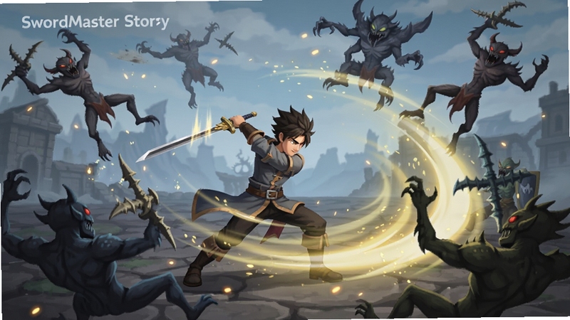 SwordMaster Story 战斗场景,剑士释放旋风斩技能,周围怪物被击飞,画面带有金色刀光与粒子特效,竖屏构图,适配Boogu模型生成