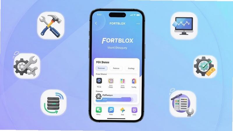 画面中央展示一部智能手机,屏幕上显示 FORTBLOX 应用主界面,界面简洁现代,背景为柔和的蓝紫色渐变,周围环绕着代表工具与效率的图标元素,整体风格清爽科技感,适配 Boogu 模型生成