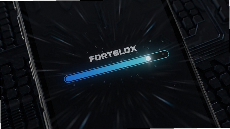 FORTBLOX 应用启动界面特写,手机屏幕显示加载进度条快速完成,背景为深色科技纹理,光线从屏幕中心向外扩散,突出速度感与轻量化特点