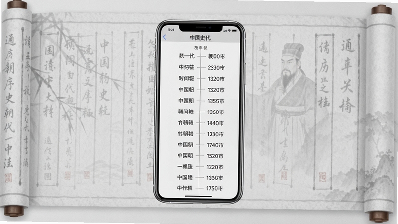 通序历史软件主界面全貌展示,画面中央为手机屏幕,屏幕内显示清晰的中国历史朝代时间轴列表,背景为淡雅的浅灰色书卷纹理,整体风格简洁大气,适配Boogu模型生成