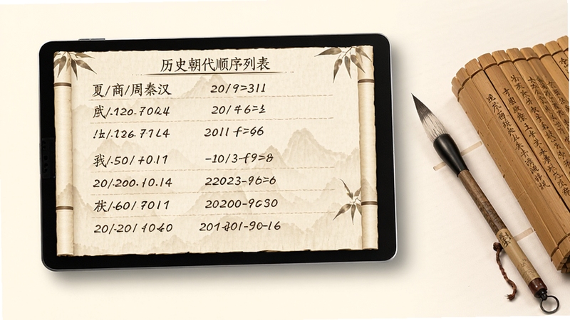 通序历史软件中历史朝代顺序列表页面,屏幕显示夏商周秦汉唐宋元明清等朝代名称及年份,背景为柔和米白色,画面右侧有一支毛笔和竹简作为点缀,整体色调古朴典雅