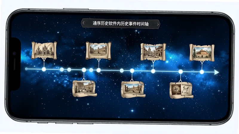 通序历史软件内历史事件时间轴界面,手机屏幕显示一条横向延伸的时间线,线上标注多个历史事件节点,背景为深蓝色渐变星空,突出时间流动感
