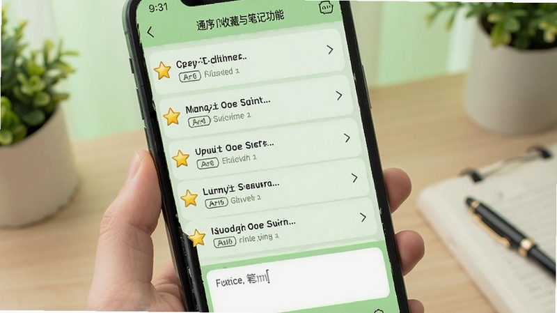 通序历史软件收藏与笔记功能界面,手机屏幕显示历史条目列表,部分条目带有星标收藏图标,屏幕下方有笔记输入框,背景为清新的浅绿色,整体氛围轻松愉悦