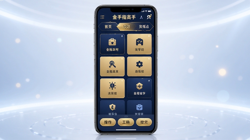 金手指高手软件主界面全貌展示,画面中央为手机屏幕竖版构图,屏幕内显示金手指高手应用首页,界面以深蓝与金色为主色调,顶部有功能导航栏,中部为功能卡片排列,底部为操作按钮,背景为纯净科技感渐变空间,光线柔和明亮,整体风格简洁现代