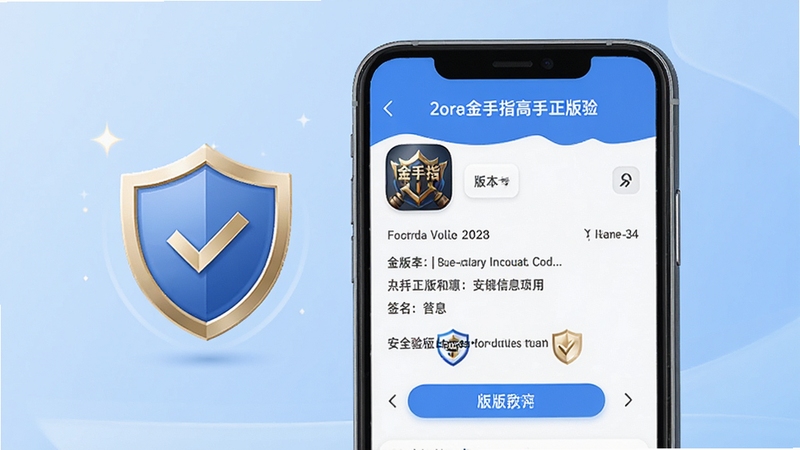 金手指高手正版验证与安全下载界面示意图,画面展示手机屏幕中应用信息详情页,包含版本号、签名信息等内容,旁边有盾牌安全标识,背景为浅蓝色渐变,整体传达安全可信的视觉印象
