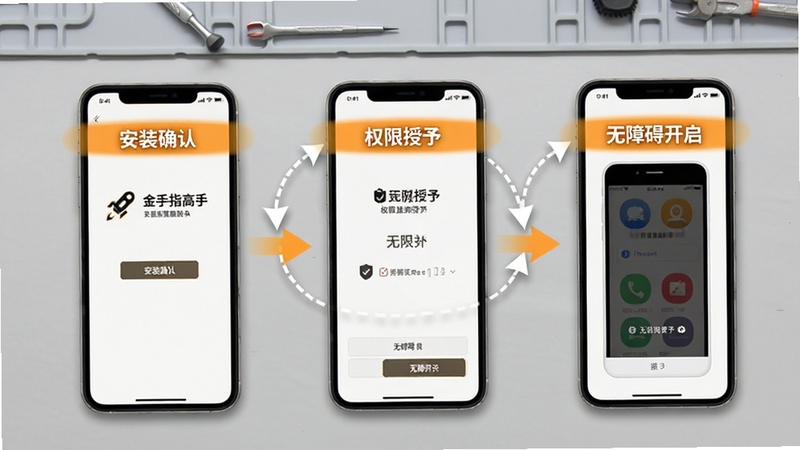 金手指高手安装设置操作流程图解风格图,画面展示手机屏幕依次呈现安装确认、权限授予、无障碍开启三个步骤界面,每一步有明确高亮标注,背景为简洁浅灰工作台面,整体清晰易读