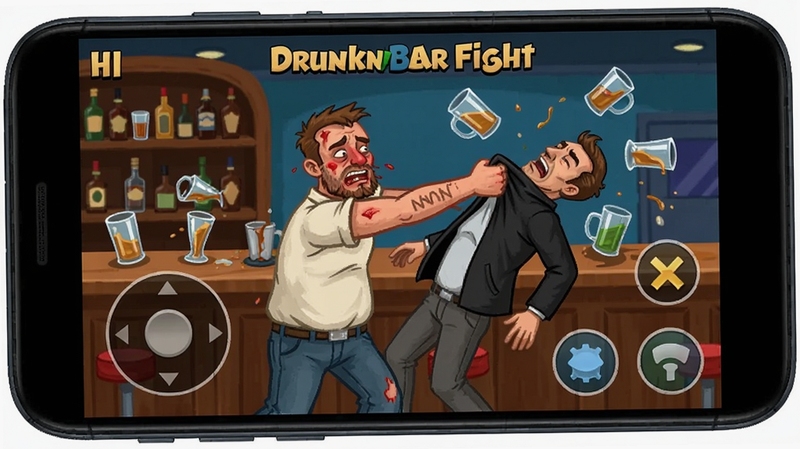 һ����׿�ֻ���Ļ��ʾDrunkn Bar Fight����Ϸ���棬������һ��������ɫ��ץ����һ����ɫ�����콫��˦���̨����̨�ϵľƱ���ײ�ɣ������·�������ҡ�˺Ͳ�����ť������������ֱ�ۣ�����չʾ�ƶ��˲������档